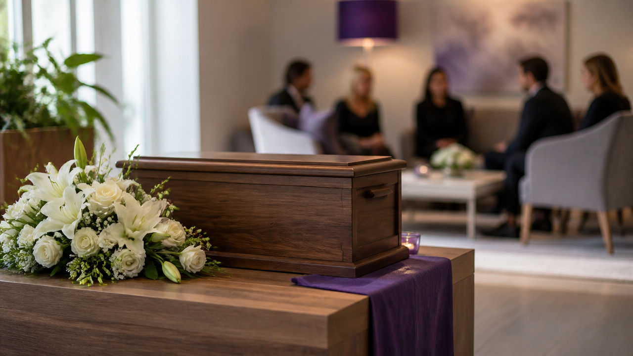 Sala de despedida com urna funerária e flores em cerimônia de cremação