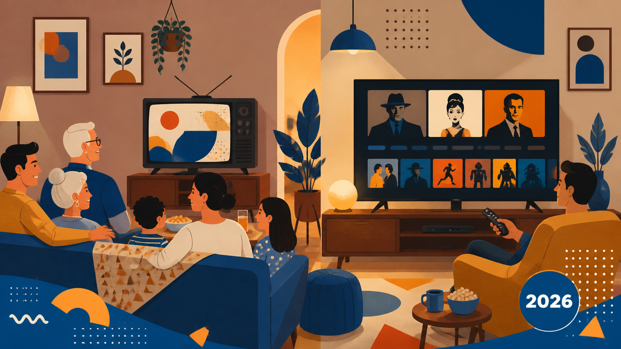 Sala de estar com família comparando TV aberta e streaming retrô em duas telas