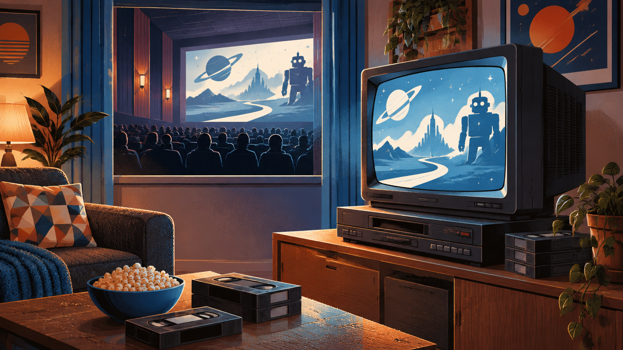 Sala de estar inspirada nos anos 1980 com televisor de tubo, videocassete, fitas VHS e luz de uma sala de cinema ao fundo.