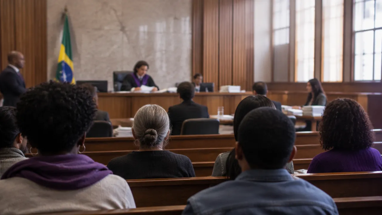 Sala de tribunal com pessoas reunidas, representando a relação entre trauma coletivo e decisões judiciais