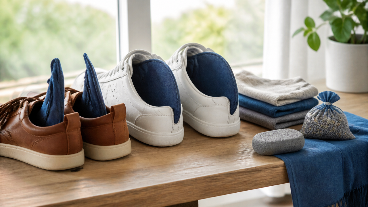 Sapatos arejando perto da janela com meias limpas e elementos de proteção energética discretos
