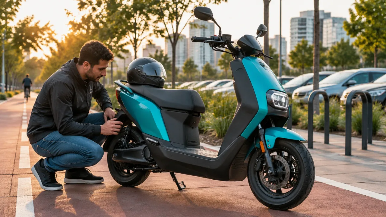 Scooter elétrica urbana genérica estacionada em ambiente urbano, representando a análise de autonomia, recarga e regras de circulação.