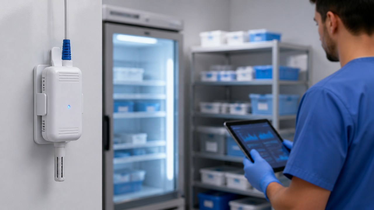 Sensor ambiental instalado em área hospitalar com monitoramento contínuo de temperatura e umidade