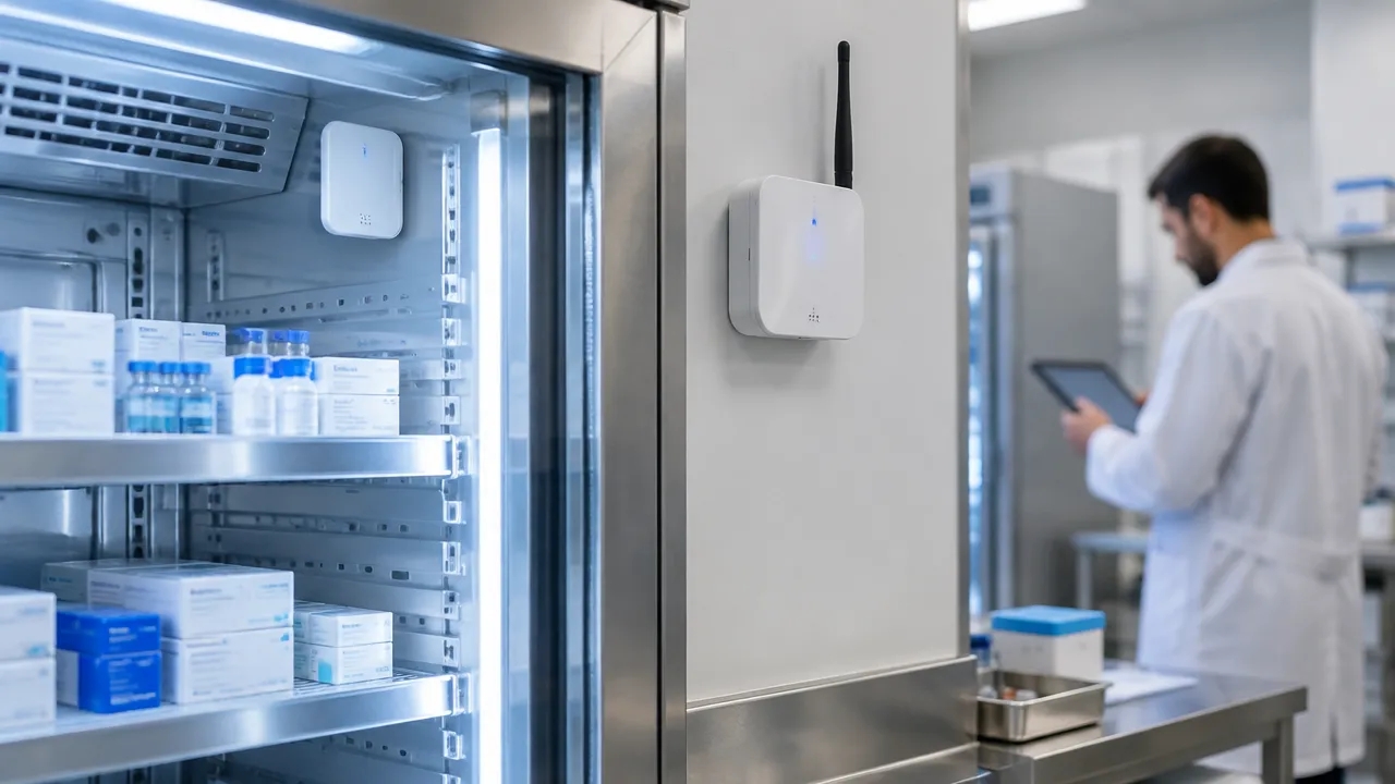 Sensor de temperatura em geladeira hospitalar próximo a um gateway e técnico de manutenção