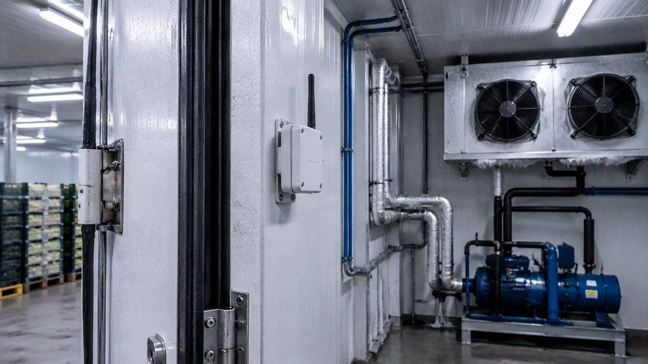 Sensor de temperatura próximo à porta e aos equipamentos frigoríficos dentro de uma câmara fria
