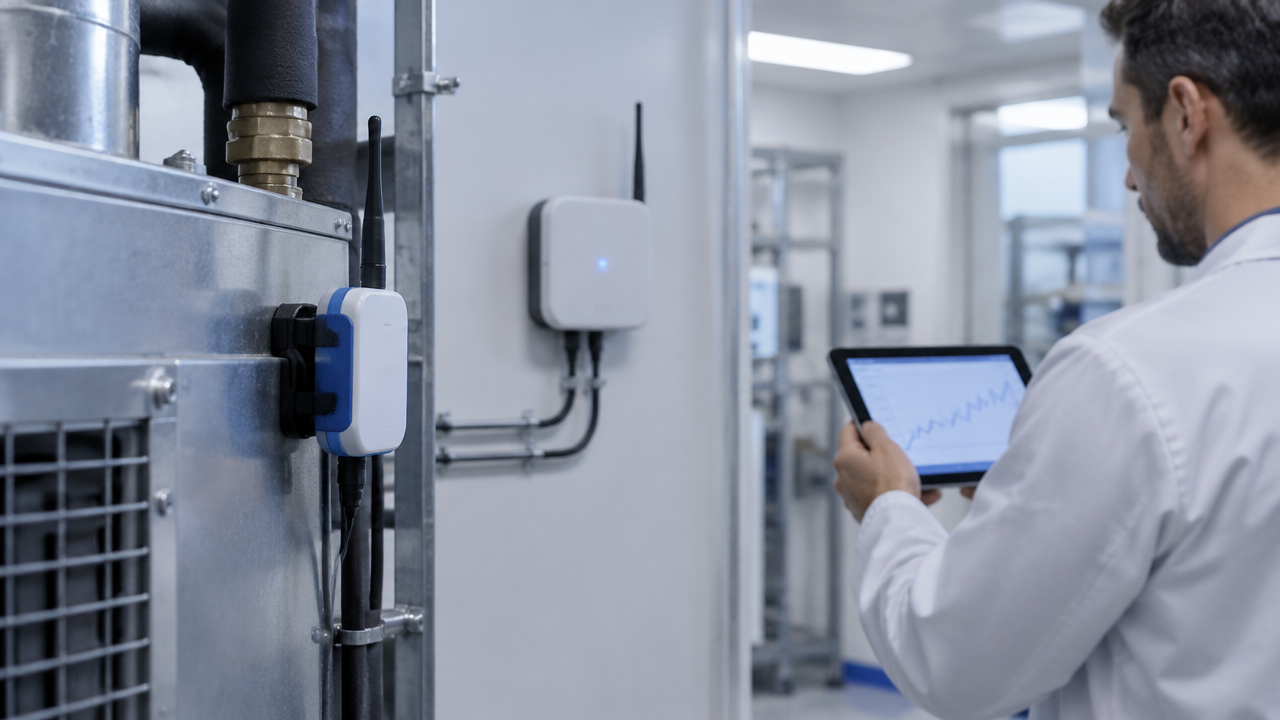 Sensor sem fio e gateway transmitindo leituras de um equipamento para um técnico