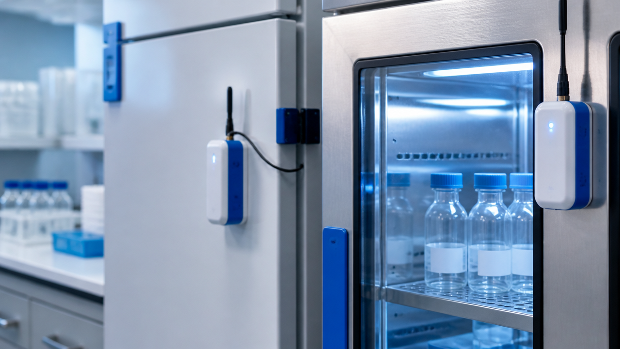 Sensores de telemetria instalados em equipamentos de laboratório para monitoramento contínuo
