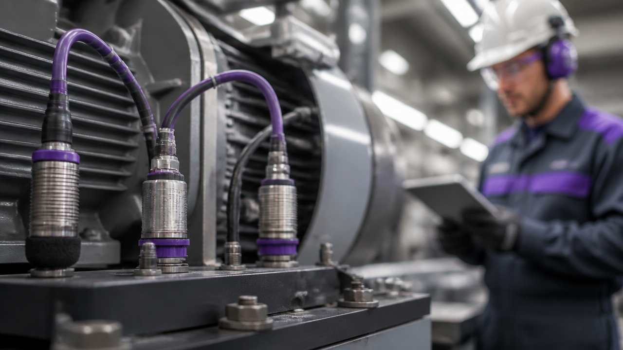 Sensores industriais monitorando máquina de produção em tempo real