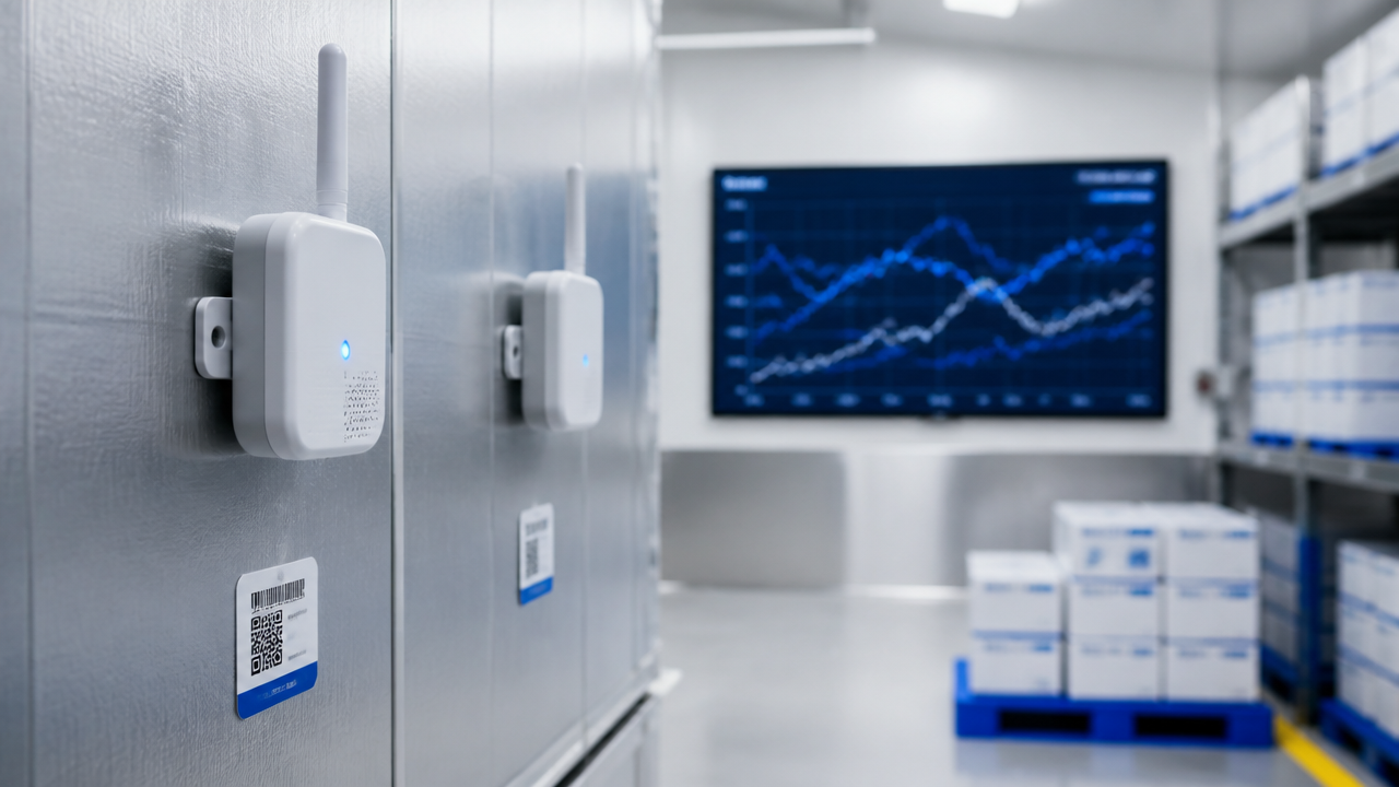 Sensores monitoram temperatura e umidade em câmara refrigerada com painel de dados ao fundo.