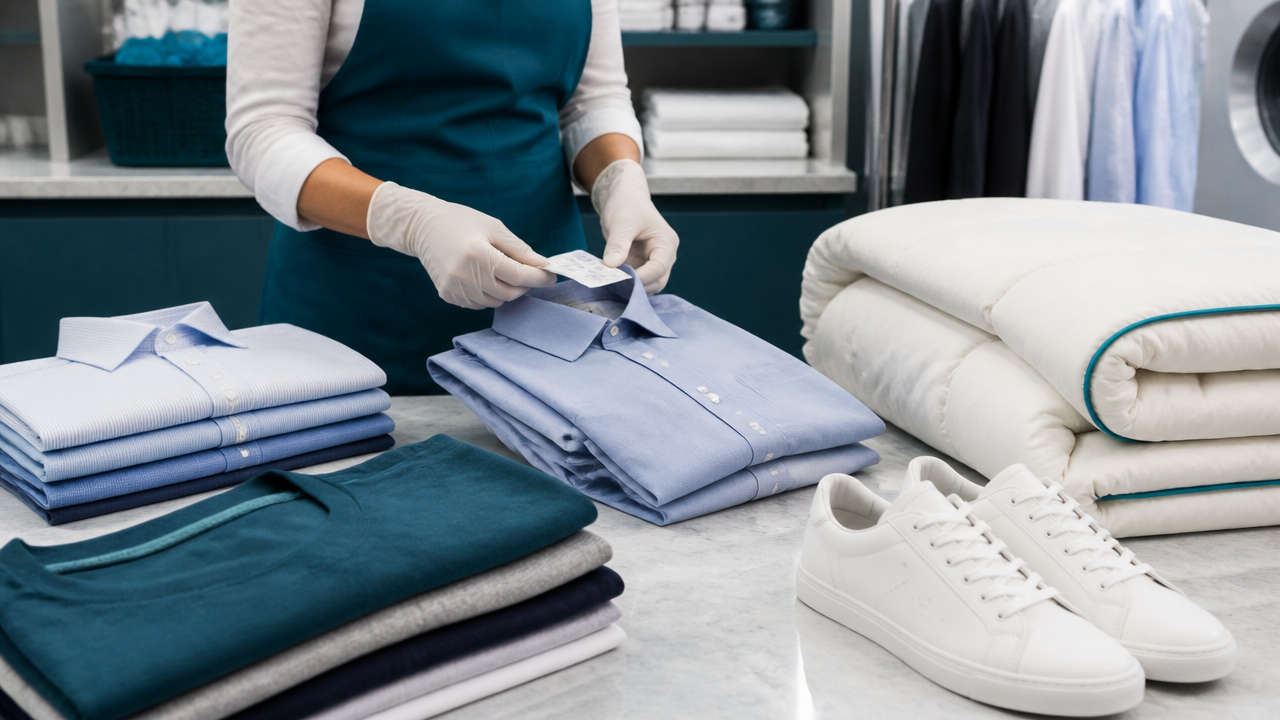 Separação profissional de roupas e peças especiais em lavanderia organizada