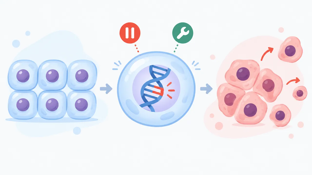 sequencia-ilustrada-de-uma-celula-normal-uma-alteracao-no-dn-26be20e4 Como o câncer se desenvolve: DNA, riscos e detecção