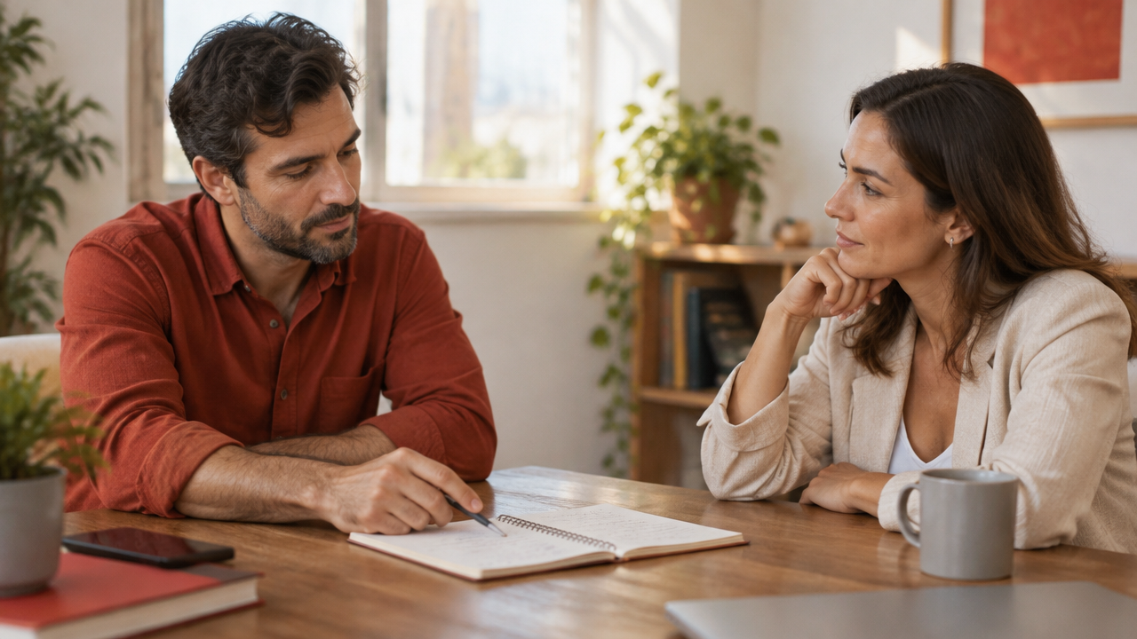Sessão de coaching com escuta ativa, reflexão e planejamento de próximos passos.