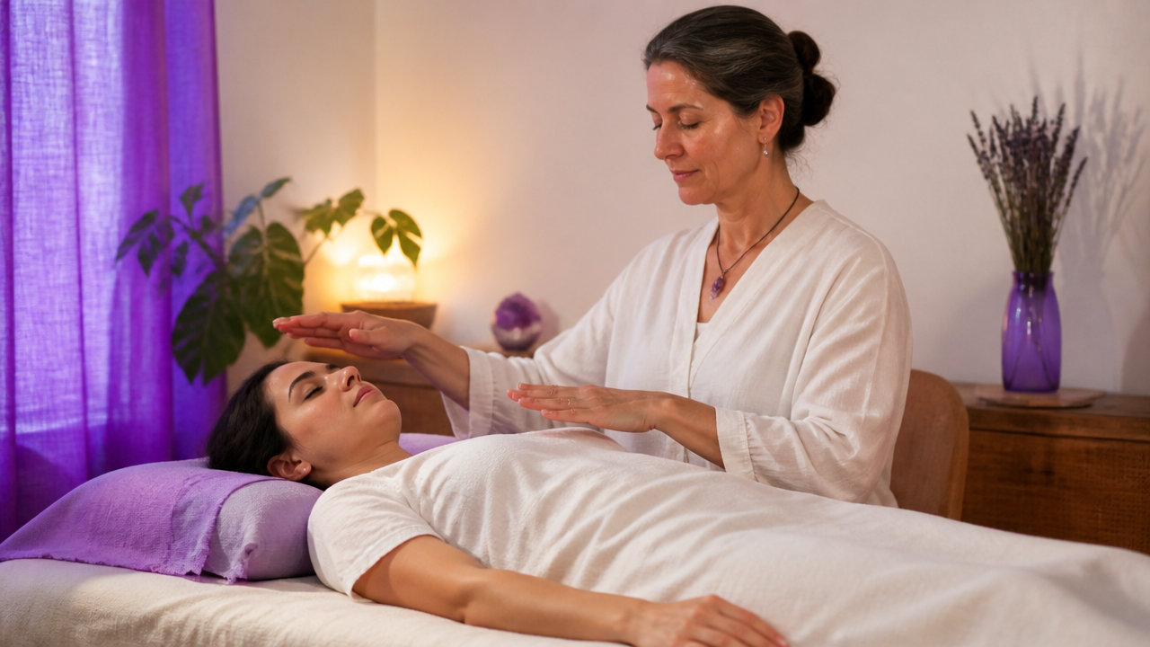 Sessão de Reiki com pessoa deitada e terapeuta posicionando as mãos de forma suave em ambiente calmo