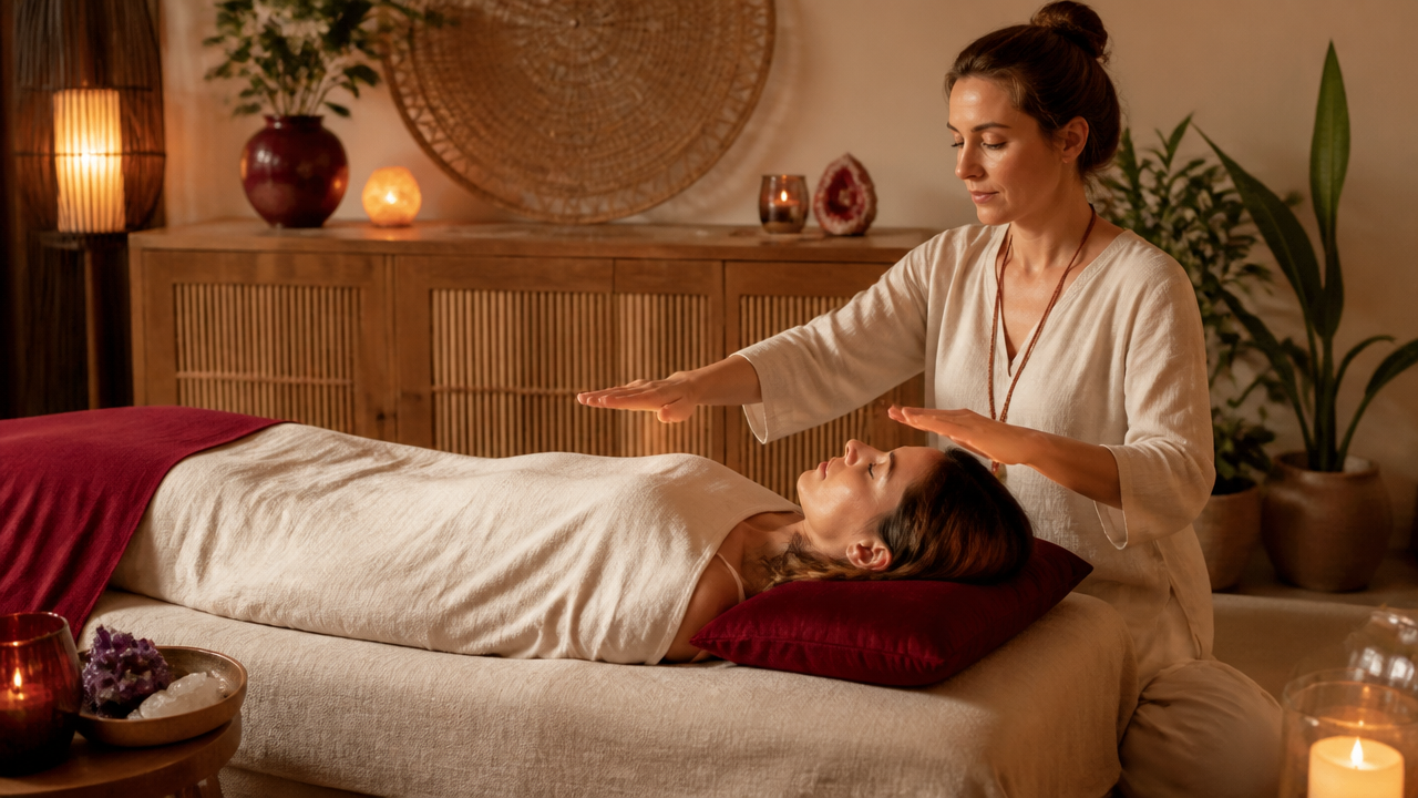 Sessão de reiki em sala tranquila com pessoa deitada e terapeuta ao lado