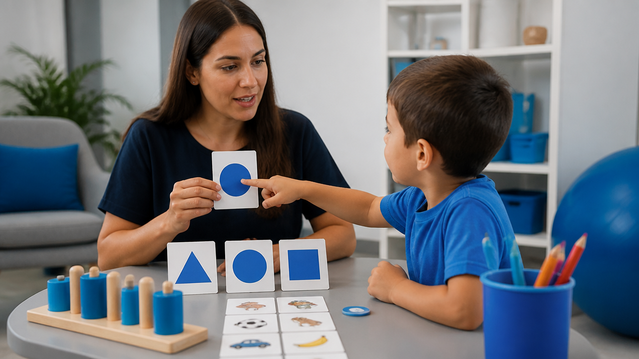 Sessão estruturada com materiais visuais e reforço positivo em ambiente terapêutico