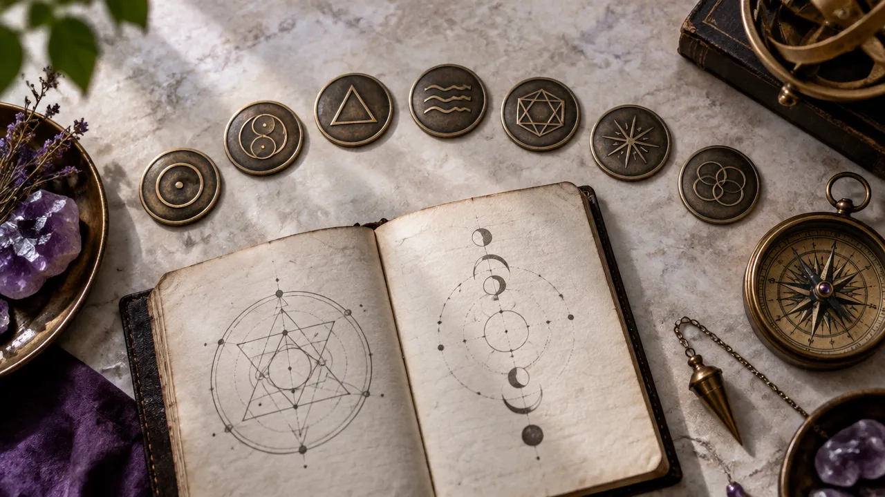 Sete discos metálicos e diagramas geométricos em um caderno, representando os princípios apresentados em O Caibalion