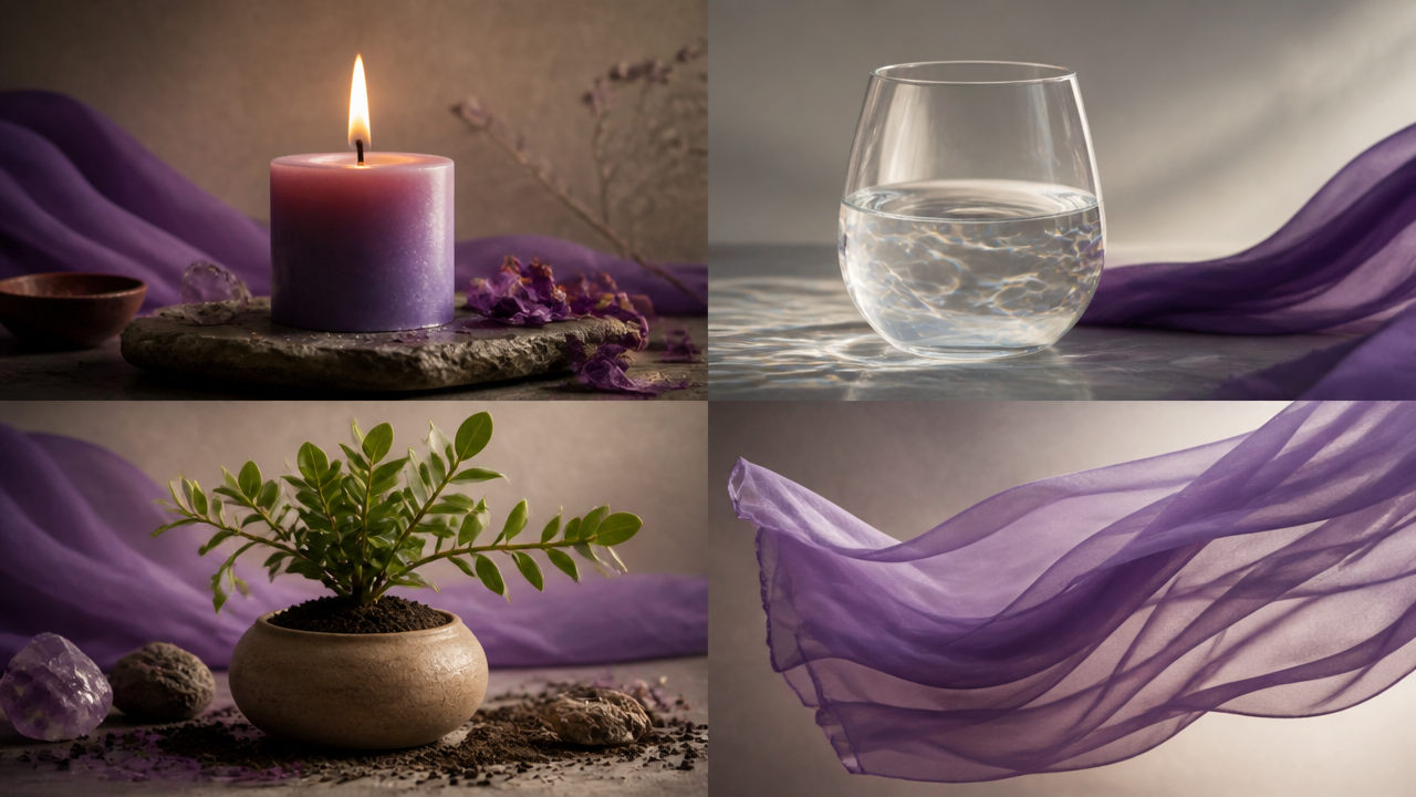 Símbolos visuais dos quatro elementos, chama, água, terra e ar, em composição harmoniosa e espiritual.