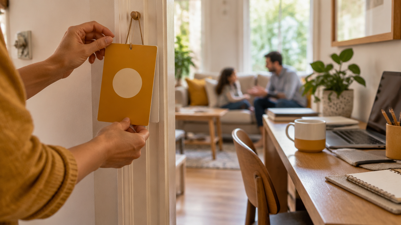 Sinal visual combinado na porta para indicar momentos de foco e disponibilidade no home office familiar