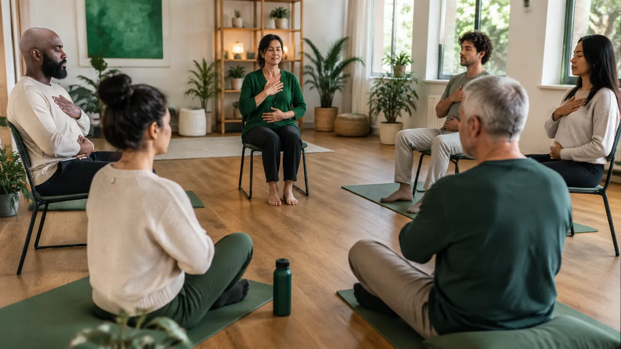Small group practicing guided mindfulness and body awareness in a calm classroom