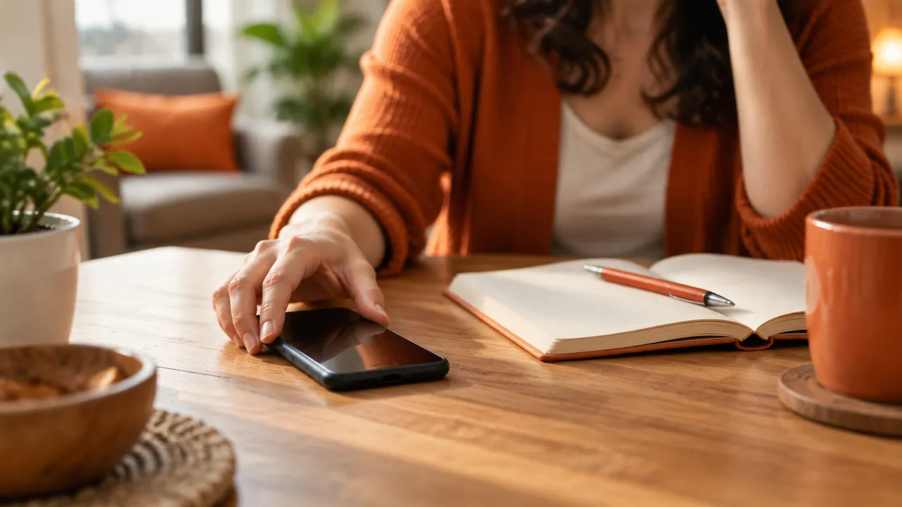 Smartphone colocado com a tela para baixo ao lado de um caderno durante uma pausa consciente