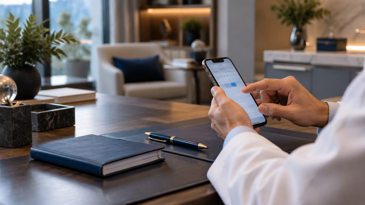 Smartphone com agendamento genérico em mesa de consultório organizado e reservado