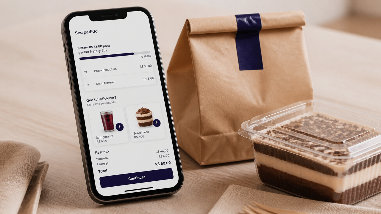 Smartphone com carrinho de delivery sugerindo item extra para atingir frete grátis