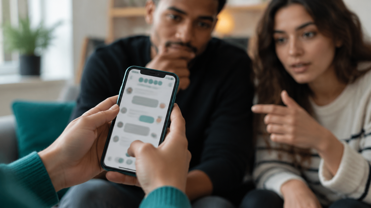 Smartphone com conversa digital genérica em primeiro plano e duas pessoas ao fundo reagindo, representando normas sociais online.