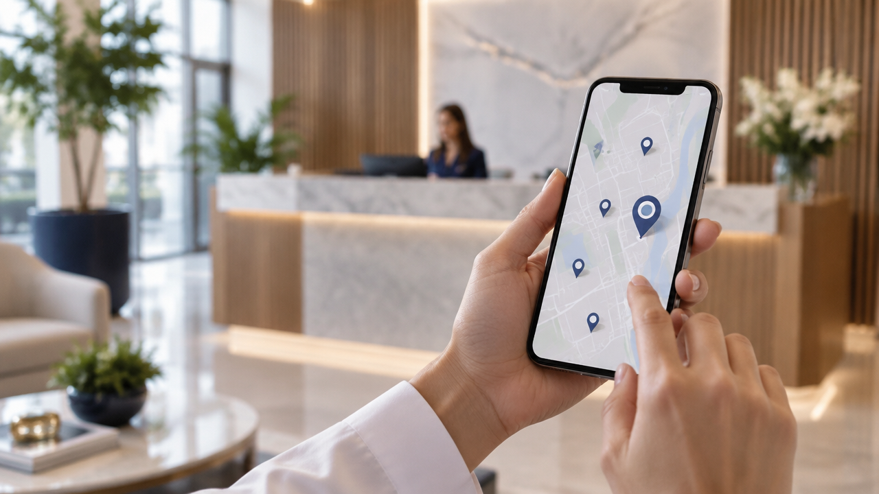 Smartphone com mapa local abstrato em recepção de clínica, ilustrando a presença digital nas buscas próximas.