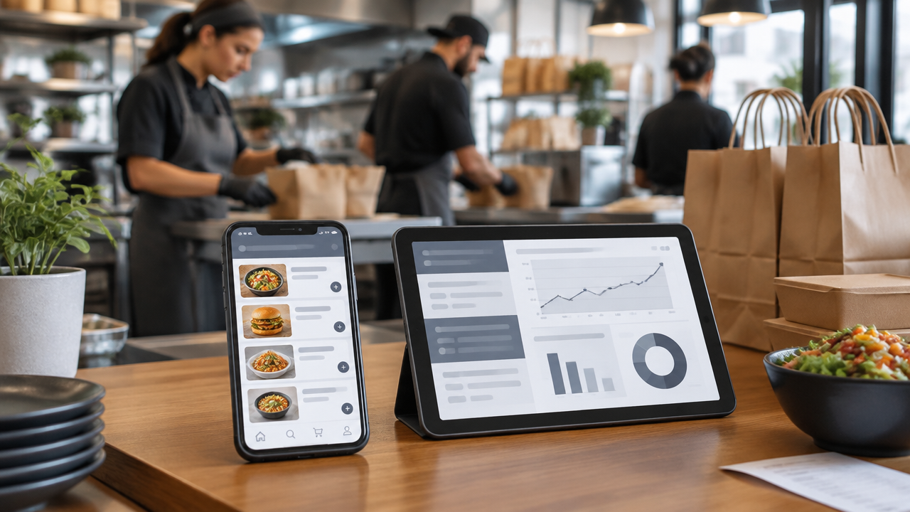 Smartphone de pedidos conectado ao painel de gestão de um restaurante