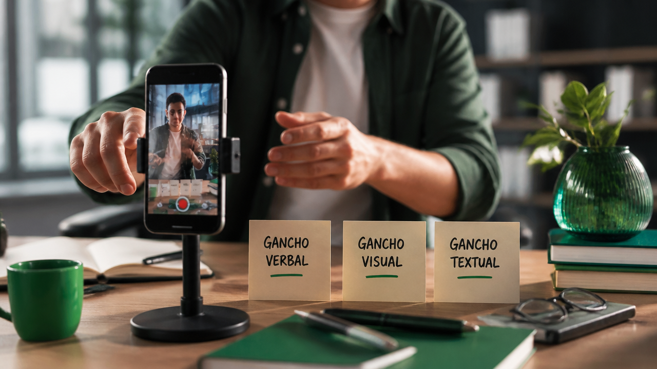 Smartphone e anotações de conteúdo mostrando a preparação de ganchos verbal, visual e textual para vídeos curtos
