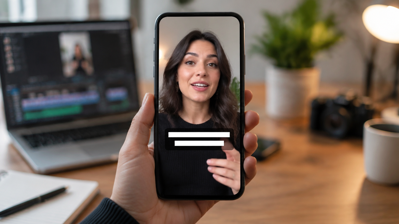 Smartphone shows vertical video with readable subtitles without covering the person's face