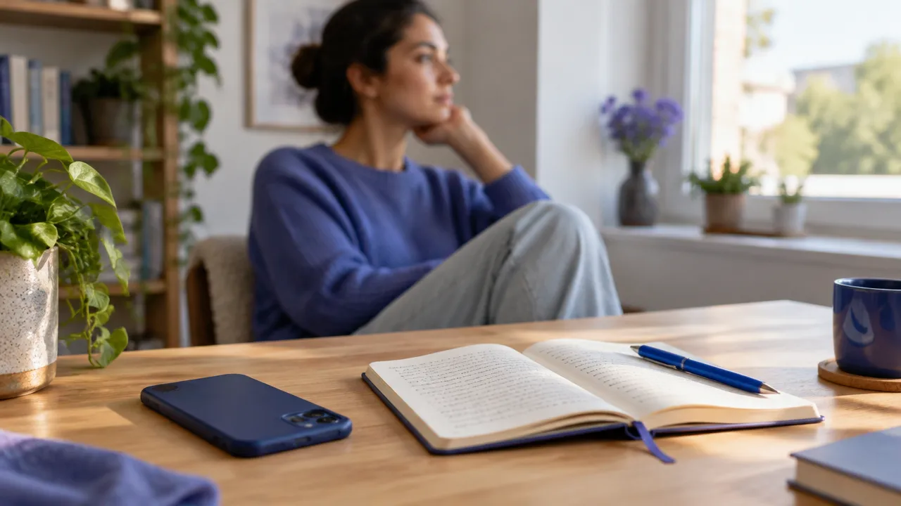 Smartphone virado para baixo junto a um caderno durante uma pausa de reflexão sobre hábitos digitais.