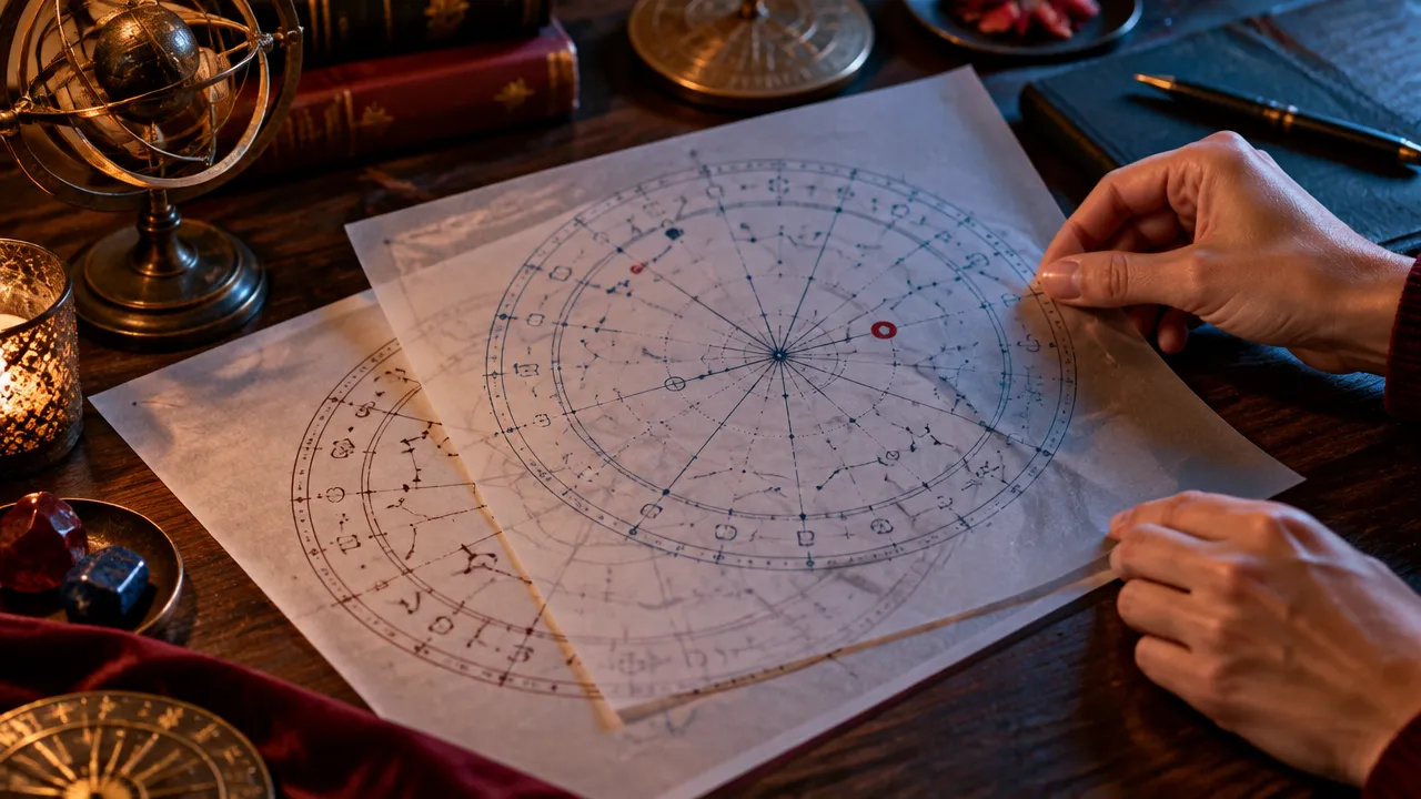 Sobreposição de dois mapas astrais em folhas translúcidas para comparar o mapa natal e o dracônico
