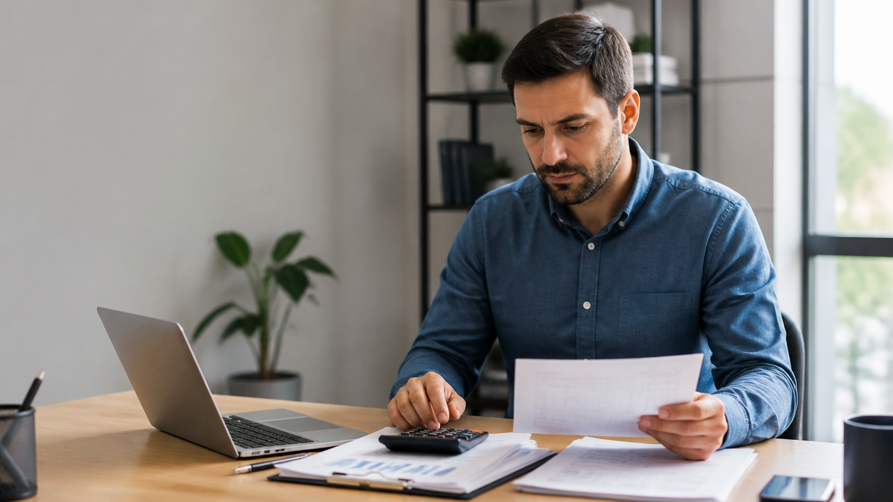 Sócio administrador analisando documentos financeiros e extratos em uma pequena empresa