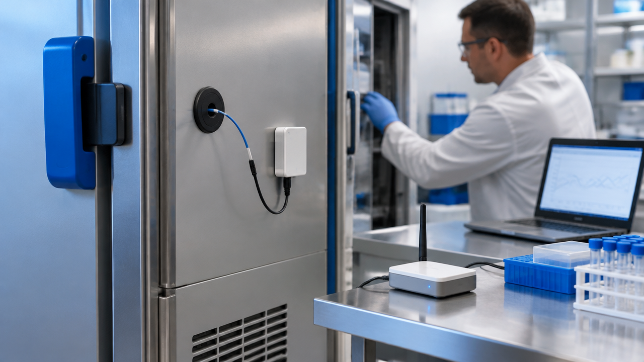 Sonda PT100 instalada em ultracongelador ao lado de sensor e gateway de coleta de dados