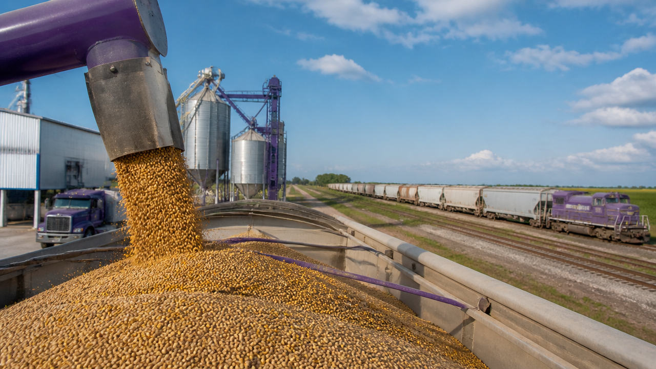 Soybeans being loaded at a grain facility with silos and transport infrastructure, illustrating local basis and logistics risk.