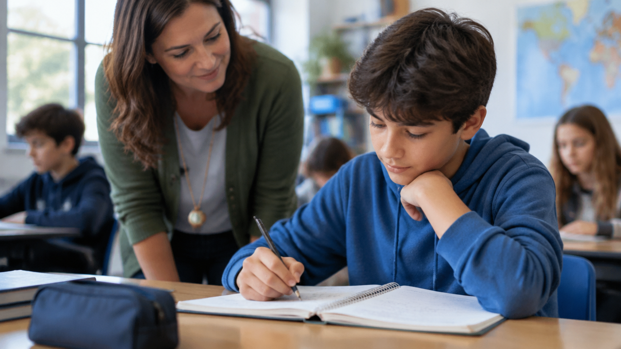 Student reflecting on a problem-solving task while a teacher observes learning