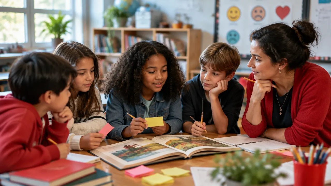 Students discuss characters’ feelings during a collaborative classroom reading activity