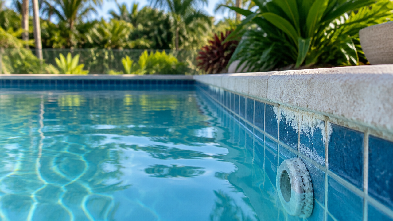 Subtle white calcium scale on the tile waterline of a clear outdoor swimming pool