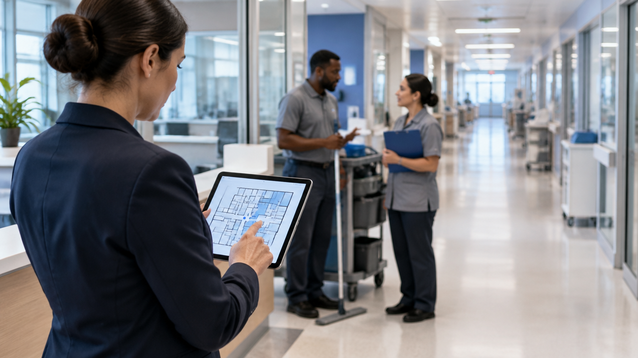 Supervisora coordena uma tarefa com tablet em corredor hospitalar enquanto profissionais de apoio trabalham