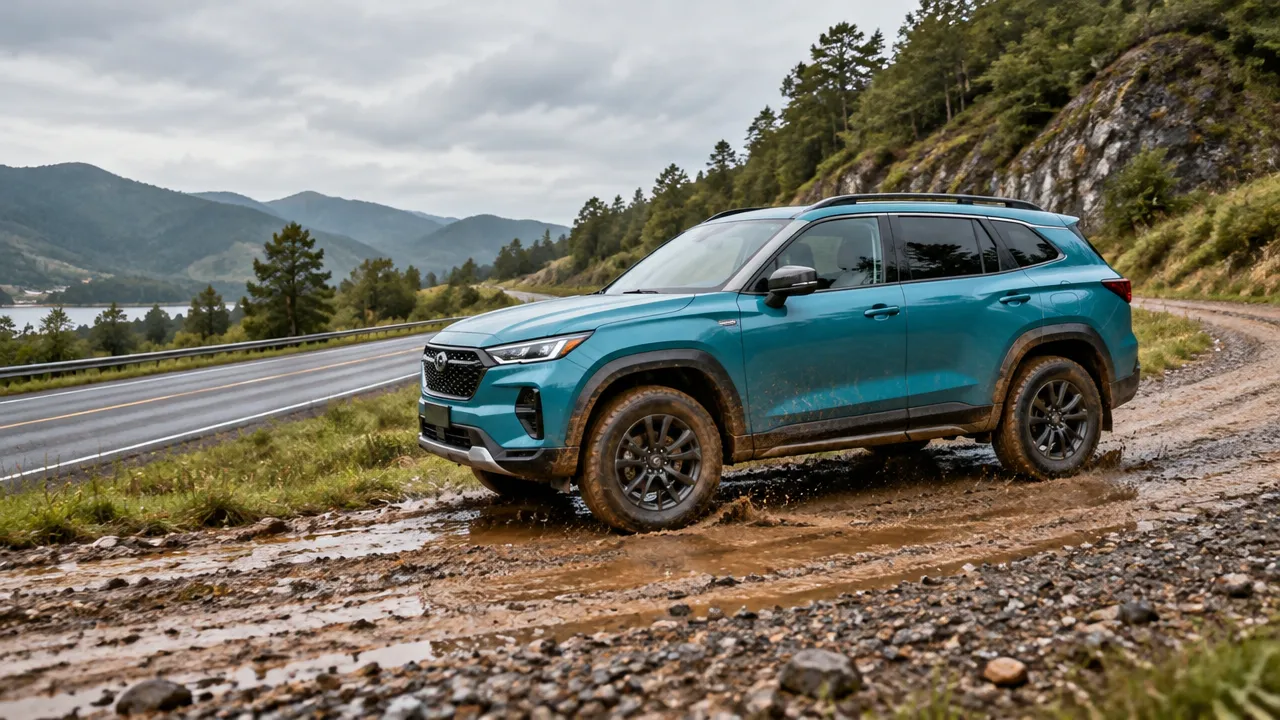 SUV 4x4 genérico atravessando devagar um trecho de terra molhada, para ilustrar a escolha da tração conforme o terreno.
