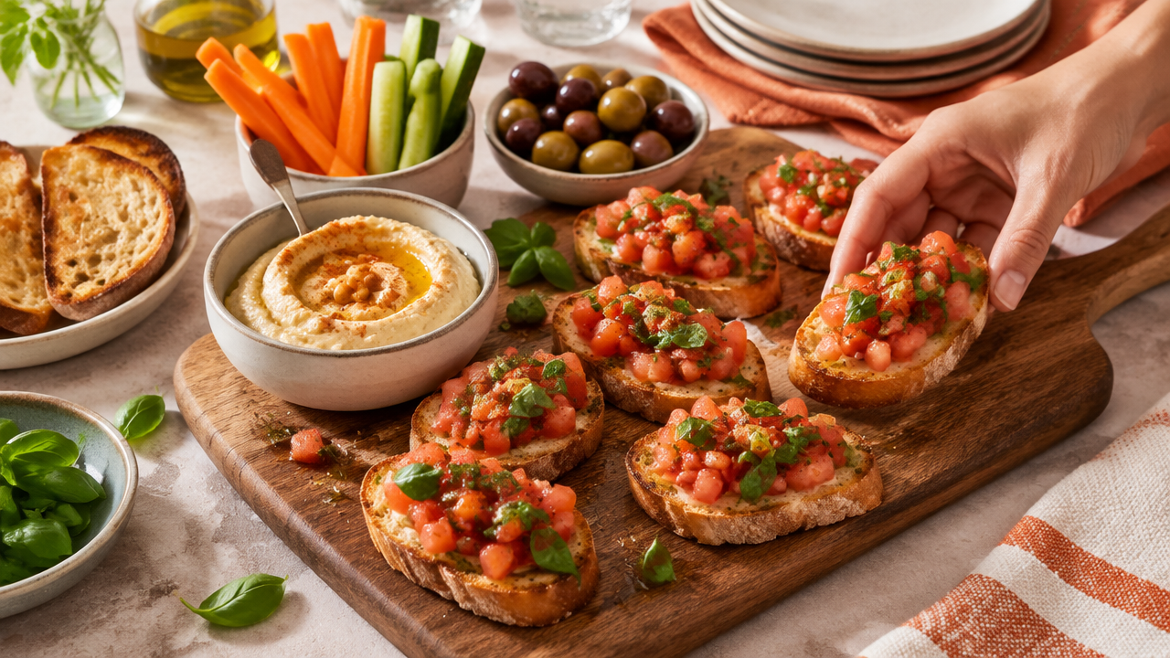 Tábua de bruschettas, pasta de grão-de-bico, torradas e legumes para compartilhar
