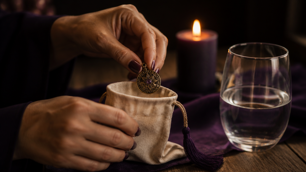 Talismã sendo guardado em saquinho de tecido após ritual com água