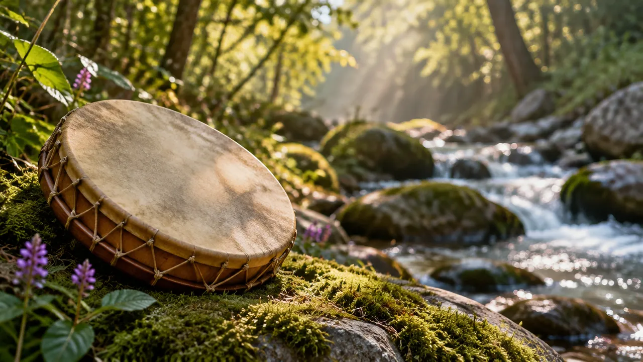 Tambor de moldura simples em uma clareira verde, símbolo de algumas práticas rítmicas presentes em certas tradições xamânicas.