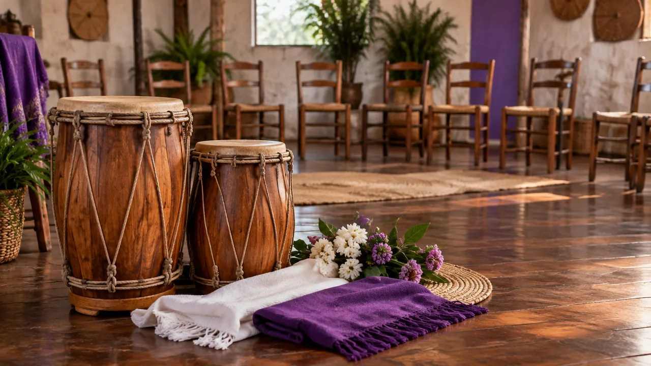 Tambores artesanais e assentos em círculo ilustram a música e a vida comunitária do Batuque