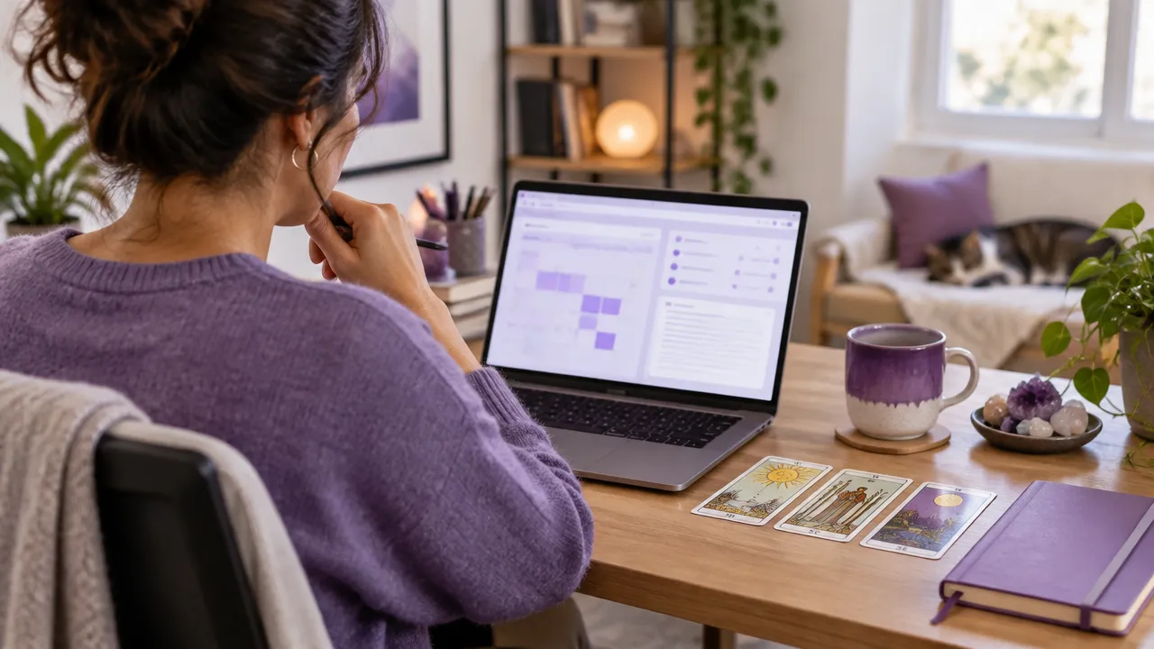 Tarot practitioner organizing online appointments and session notes at a laptop
