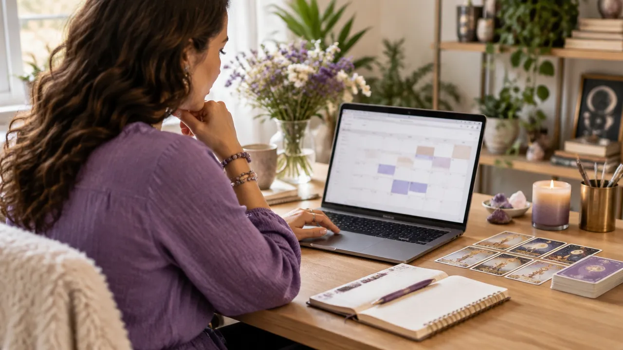 Tarot professional reviewing a booking calendar beside cards and notes