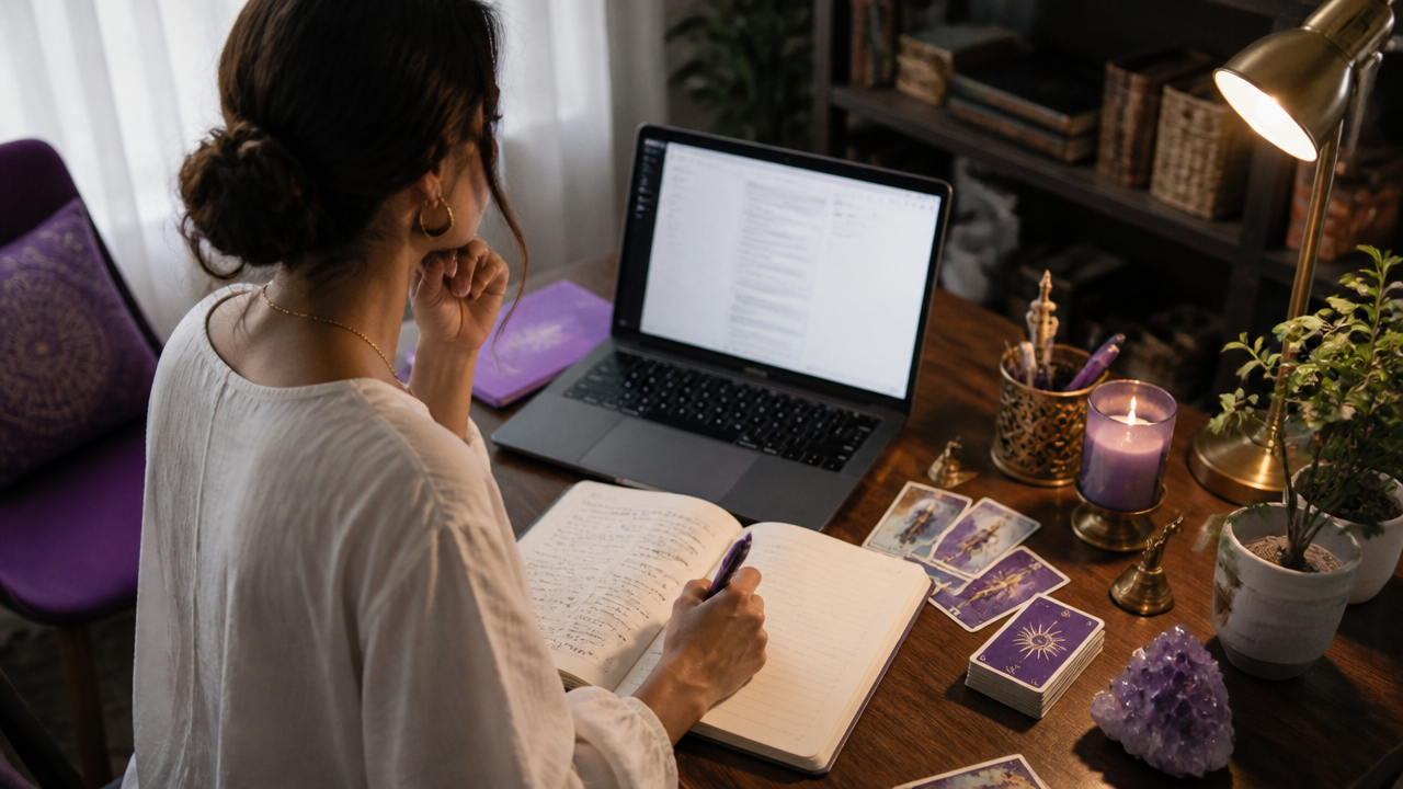 Tarot professional reviewing client notes and follow-up plans at a desk after a reading