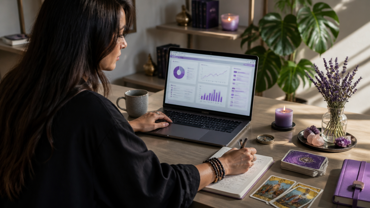Tarot professional updating client notes in a secure digital workspace after a session