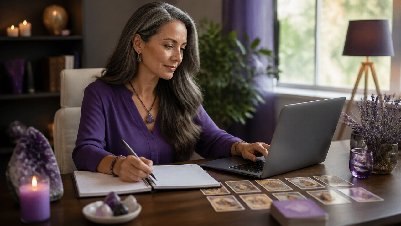 Tarot professional updating client notes on a laptop beside cards and a session notebook
